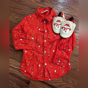 Robeez Snowman Crib Shoes sz 18-24 & H&M Christmas print shirt, 3/4 fits 18-24